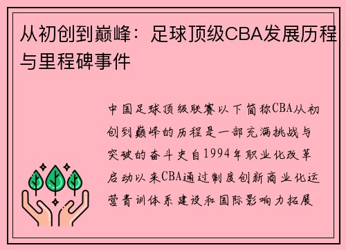 从初创到巅峰：足球顶级CBA发展历程与里程碑事件