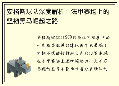 安格斯球队深度解析：法甲赛场上的坚韧黑马崛起之路