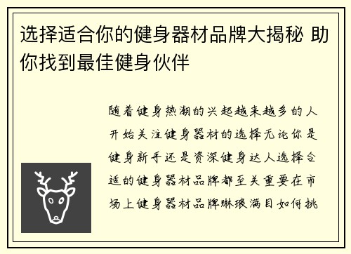 选择适合你的健身器材品牌大揭秘 助你找到最佳健身伙伴