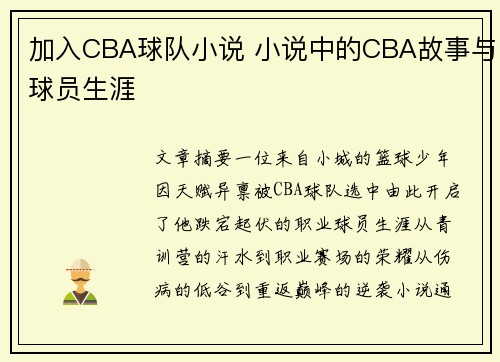 加入CBA球队小说 小说中的CBA故事与球员生涯