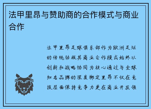 法甲里昂与赞助商的合作模式与商业合作
