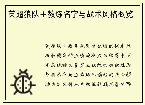 英超狼队主教练名字与战术风格概览
